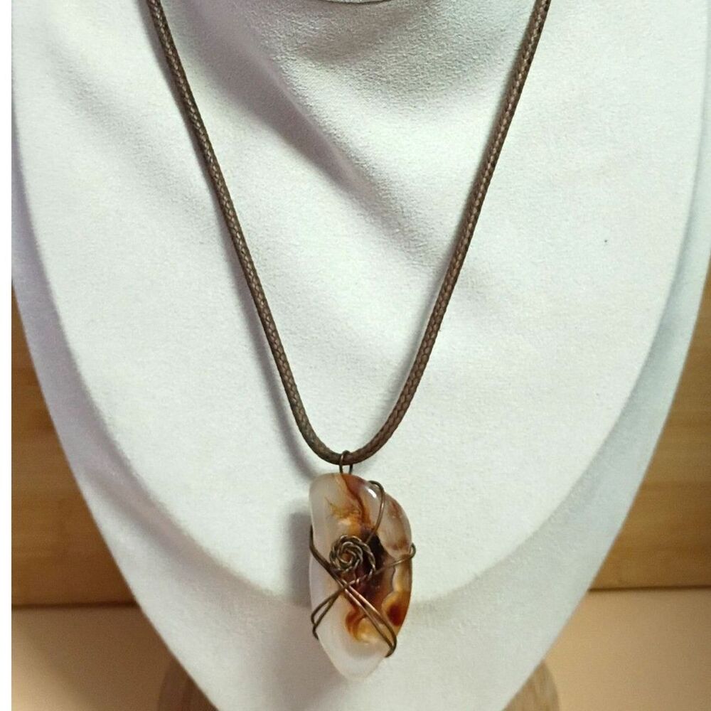 Vintage Copper Wire Wrapped Fire Agate for Healing an Grounding on Leather Cord